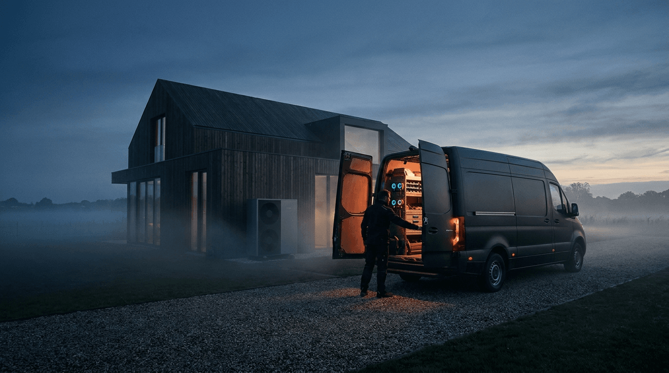 Monteur bij zijn bestelbus met gereedschap, naast een woning met de buitenunit van een warmtepomp in de mist