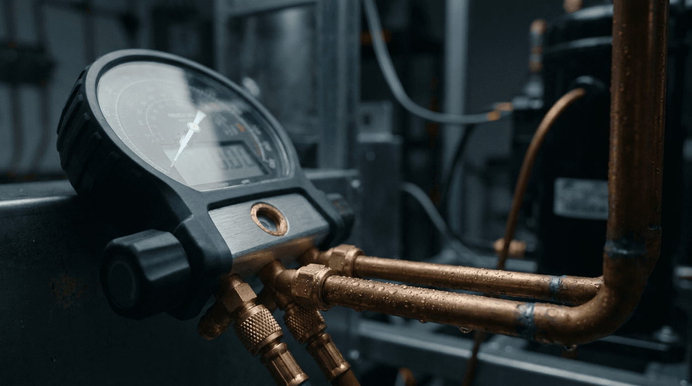 Manometer met messing koppelingen op koperen koelleidingen tijdens de stikstof-druktest