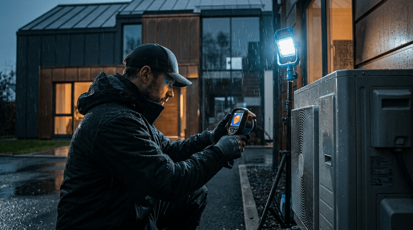 Monteur meet met een warmtebeeldcamera aan de buitenunit van een warmtepomp, in de regen bij lamplicht